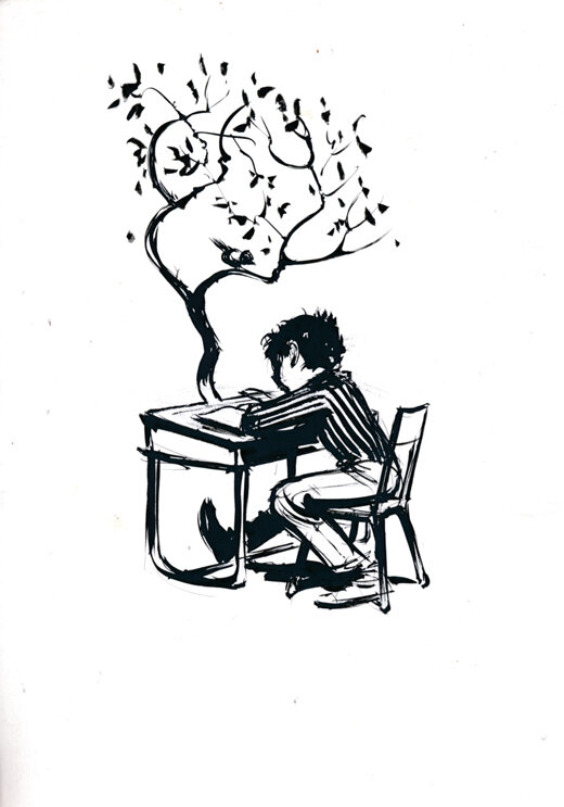 René Follet | 1970 (ca) | Garçon avec arbre - Illustration originale