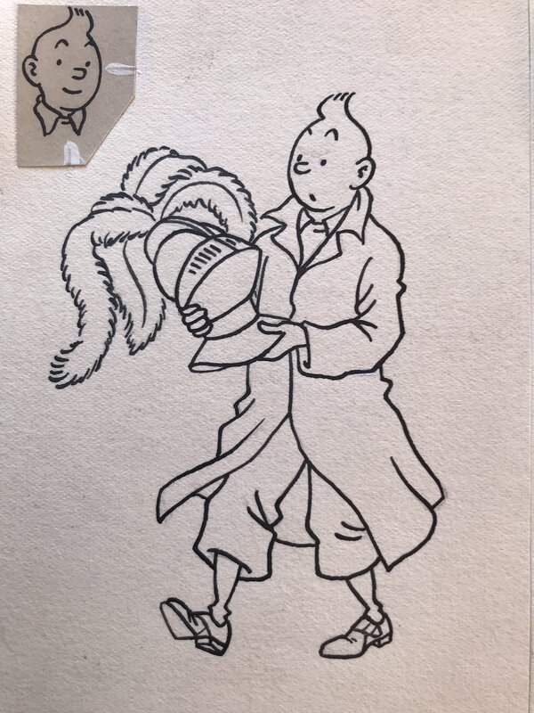 Hergé, Tintin portant un heaume - Original Illustration
