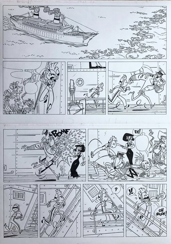 Fabrice Parme, Lewis Trondheim, Spirou et Fantasio - Panique En Atlantique (N&B) - Planche originale