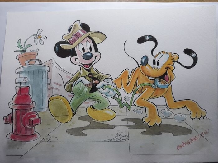 En vente - Illustration en couleurs inédite de Mickey promenant Pluto par Alessandro Gottardo - Illustration originale