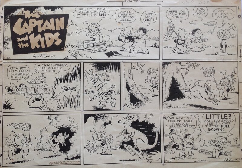 En vente - Dirks Rudolph DIRKS Planche Originale The Captain and The Kids Pim pam poum et Martien Chasse Papillon Grenouille Lapin...,1959 - Planche originale
