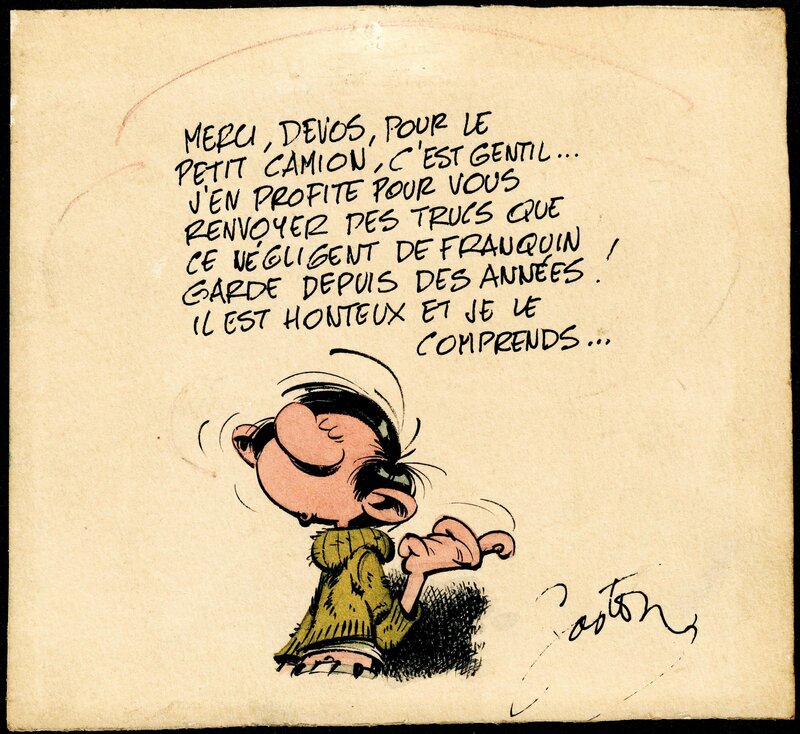 Franquin : Gaston, Illustration couleurs pour Devos - Illustration originale