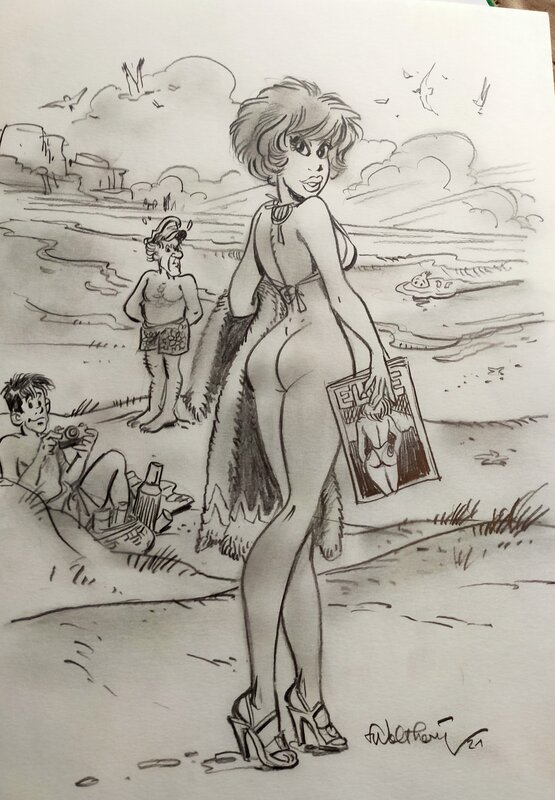 Natacha à la plage par François Walthéry - Illustration originale