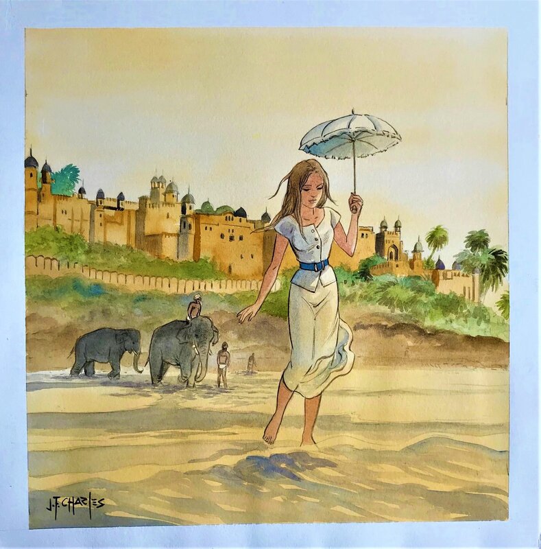 Jean-François Charles, India Dreams - les pieds dans la rivière - Illustration originale
