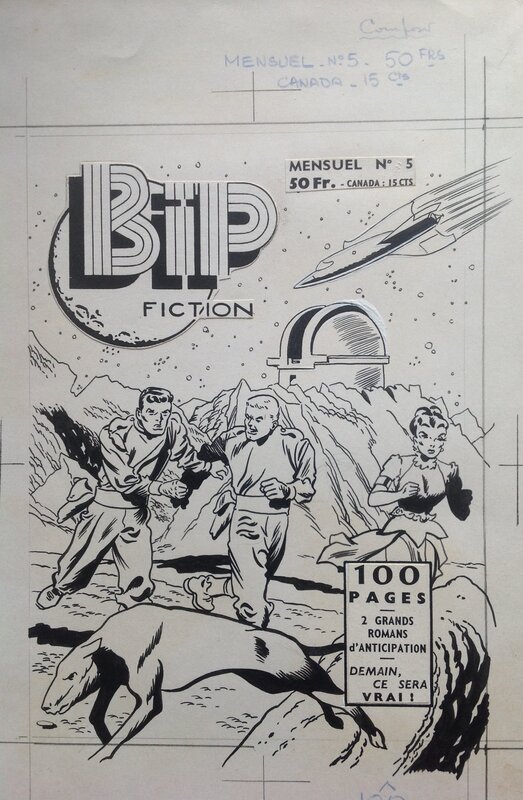 En vente - Atelier Chott, Art Sansom, Renzo Orrù, Atelier Chott Bip Fiction 5 Couverture Originale planche N&B Fusée Planète Explorateur Chris Welkin ,Petit Format Couv Sf SER 58 - Couverture originale