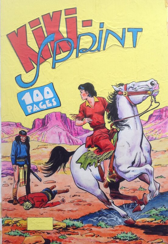 En vente - Atelier Chott, Georges Langlais, Rémy Bordelet, Bob Schoenke, Atelier Chott , Couverture Originale Planche Couleur Couv Kiki-Sprint 4 Kiki Sprint indien Cheval Pin up Petit Format Chott 1959 - Couverture originale