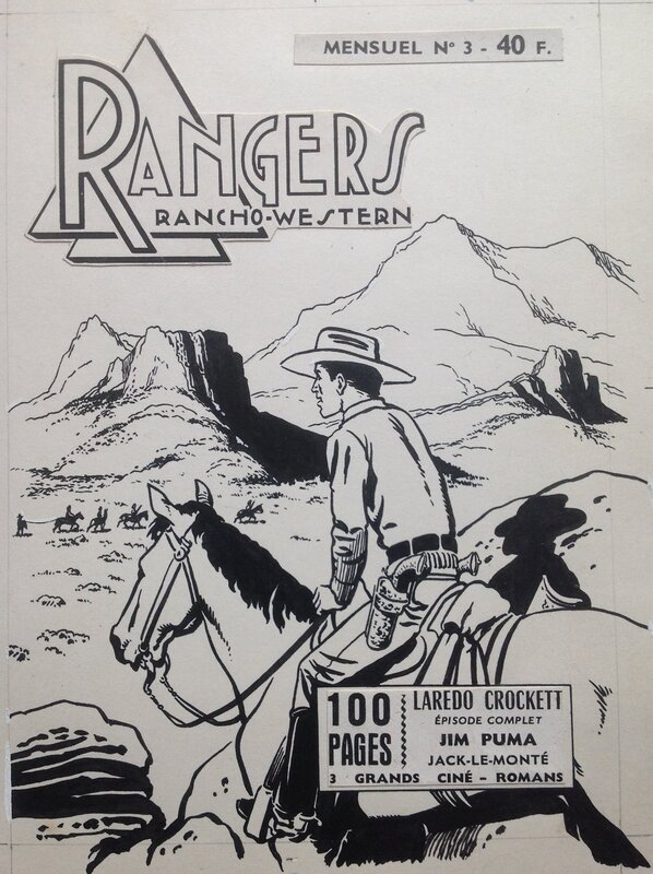 En vente - Atelier Chott, Bob Schoenke, Renzo Orrù, Fergal, Atelier Chott Rangers Rancho Western 3 Couverture Originale Planche N&B Cow Boy indien cheval , Petit Format SER 1958 - Couverture originale