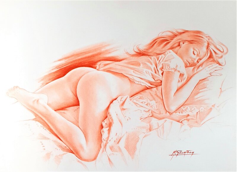 Michel Gourdon, Sanguine femme allongée sur le ventre - Illustration originale