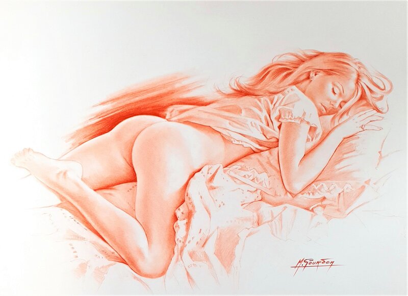 Michel Gourdon, Sanguine femme allongée sur le ventre - Original Illustration