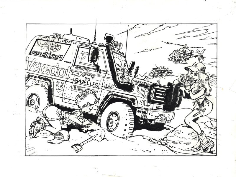 Marc Wasterlain, François Walthéry, Wasterlain et Walthéry : Jeannette Pointu et Natacha au rallye des gazelles, illustration pour un XL - Illustration originale