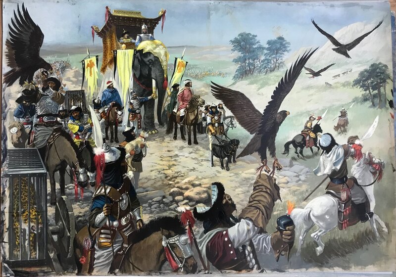 Hans Kresse, Revue/ Praline - Ontdekkingsreizigers:  De Man met het gouden Paspoort / Marco Polo trifft den keiser von China - Original Illustration