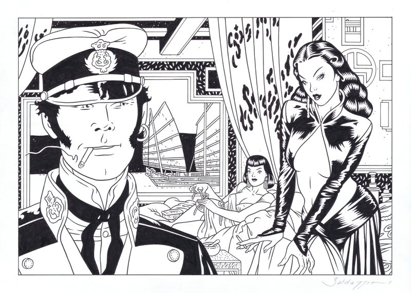 Corto Maltese meets the Dragon Lady by Roberto Baldazzini - Original Illustration