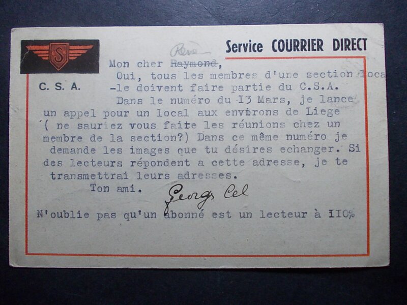 Rob-Vel, 02 b / Année 1942 / Carte du C.S.A. Club Spirou Aviation, signée par Jean DOISY. - Original art