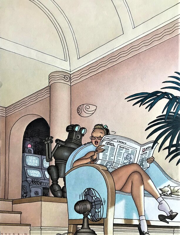 Mirande, Jeune femme lisant un journal dans un canapé - Illustration originale