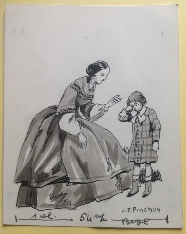 En vente - Pinchon illustration Femme et Enfant qui Pleure , Dessin Original Lavis Encre de Chine Benjamin - Illustration originale