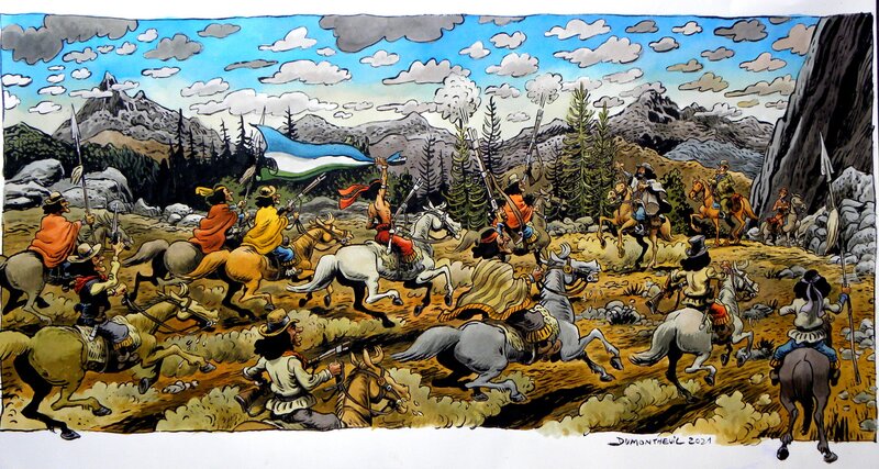 En vente - Roi des Mapuche – Panoramique intérieur étui Coffret – Tome 2 & Fin – Nicolas dumontheuil - Illustration originale