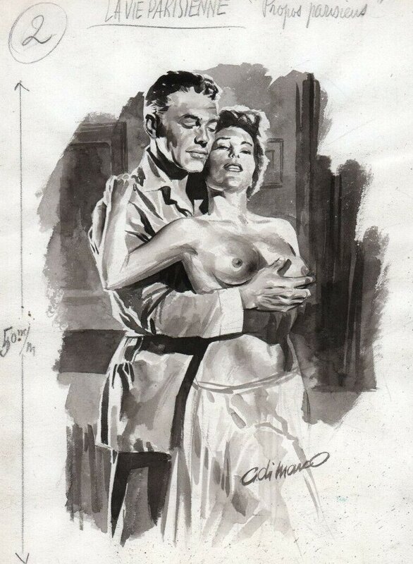 En vente - Di Marco Propos Parisiens Homme Pin up Sexy érotique magnifique Lavis illustration Originale Vie Parisienne Année 60 Signé top - Illustration originale