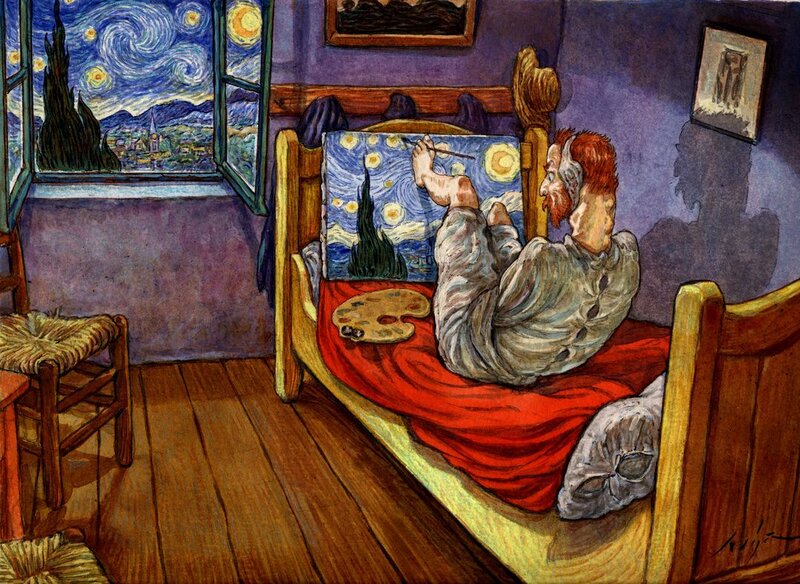 Smudja - Ill. Vincent peignant la nuit etoilée dans la chambre - Comic Strip