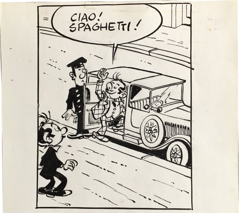 Attanasio Case Originale de Spaghetti , avec Prosciutto et Le Départ en voiture , Encre de Chine - Comic Strip