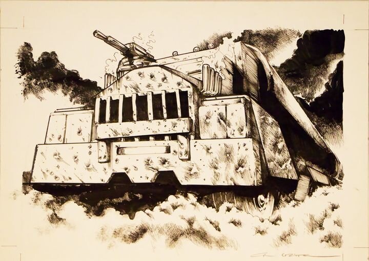 'Truck' by Carl Critchlow. Games Workshop / Dark Future / White Line Fever - Illustration originale