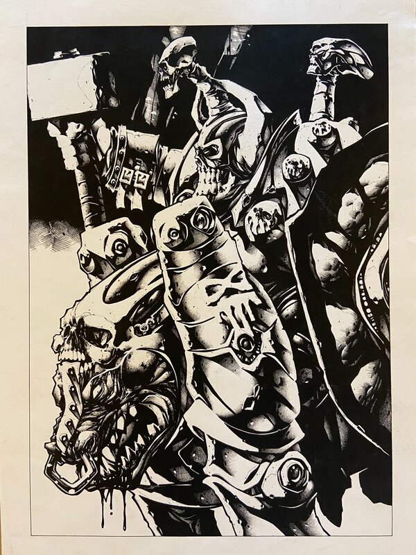 Original B&W illustration. Gary Harrod - Khorne Juggernaut Rider Realm of Chaos - Illustration originale