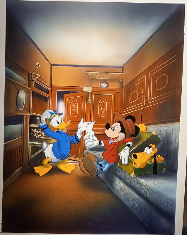 En vente - Studios Disney, Illustration ORIGINALE DE MICKEY ET PLUTO CONTROLES PAR DONALD DANS L'ORIENT EXPRESS - Illustration originale