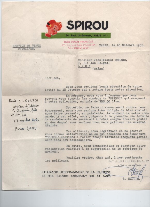 André Franquin, 10 b / Année 1955 / Courrier du siège parisien des Editions DUPUIS, 20 octobre 1955. - Œuvre originale