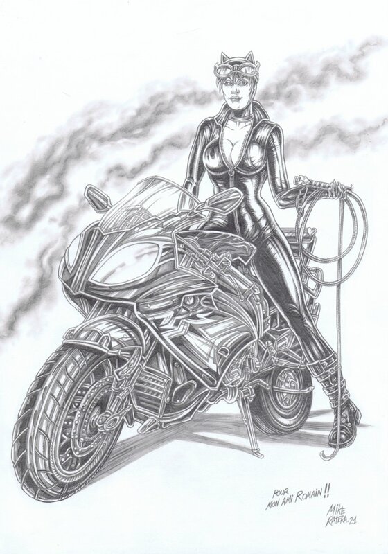 Catwoman et sa moto par Mike Ratera - Illustration originale