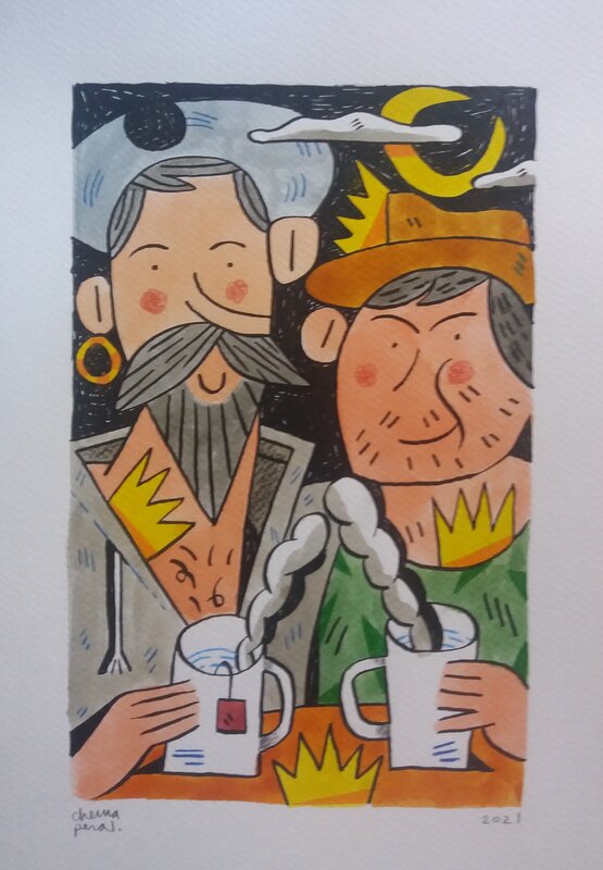 Chema Peral, Teatime with Don Quixote and Sancho - Original Illustration
