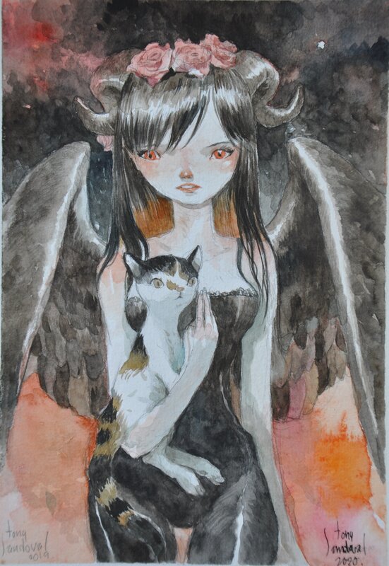 For sale - Tony Sandoval, The Red Devil Girl and Cat 2019 - Original Illustration