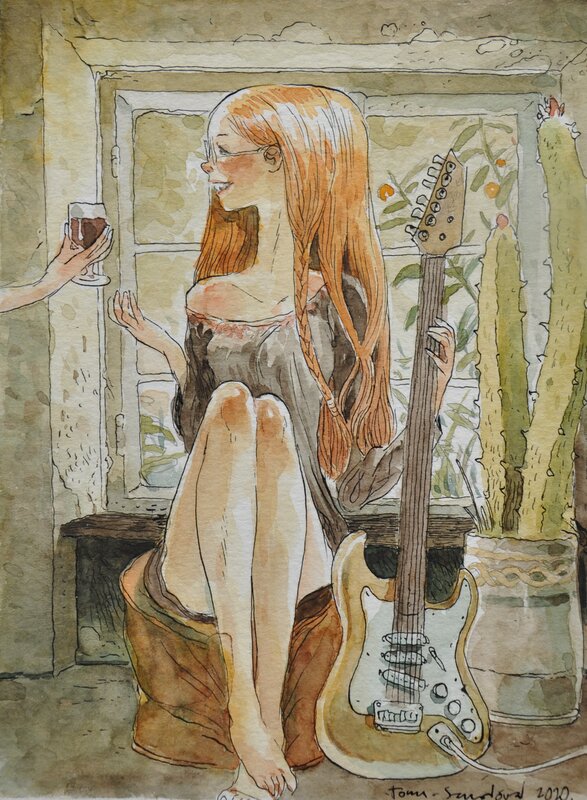 Tony Sandoval, The Wine and Guitar Girl 2020 - Original Illustration