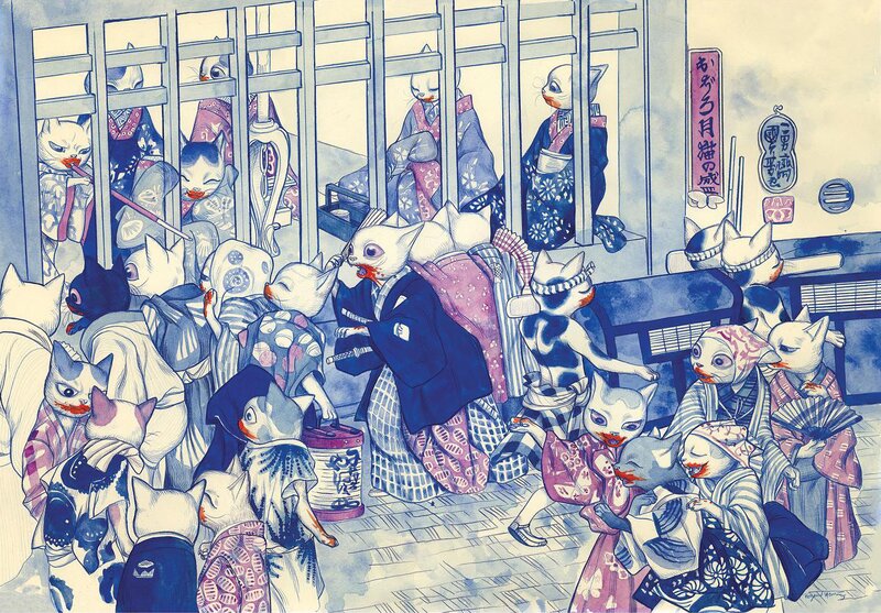 Benjamin Lacombe, Histoire de fantômes du Japon - Chats - Original Illustration