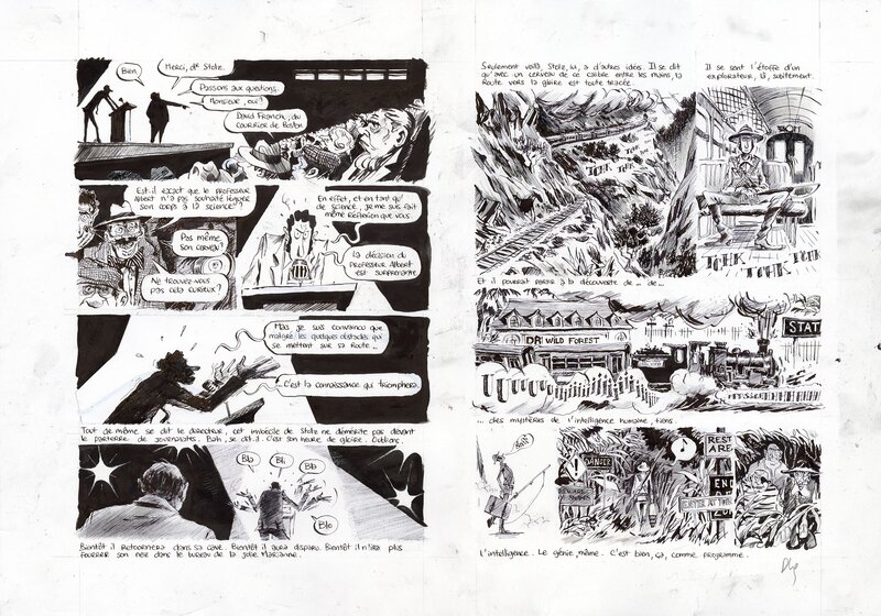 En vente - Pierre-Henry Gomont, Double planche 18-19 de La fuite du cerveau - Planche originale