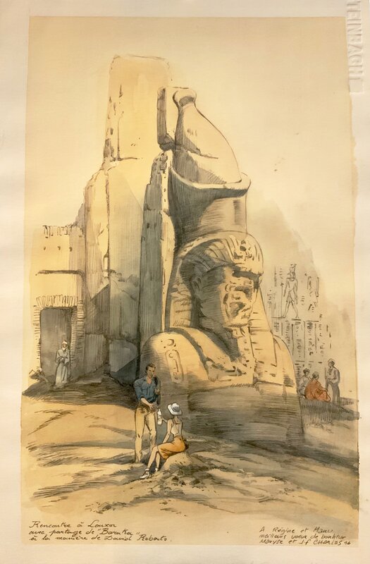 Jean-François Charles, croisière sur le Nil avec halte à Louxor à la maniere de David Roberts - Original Illustration