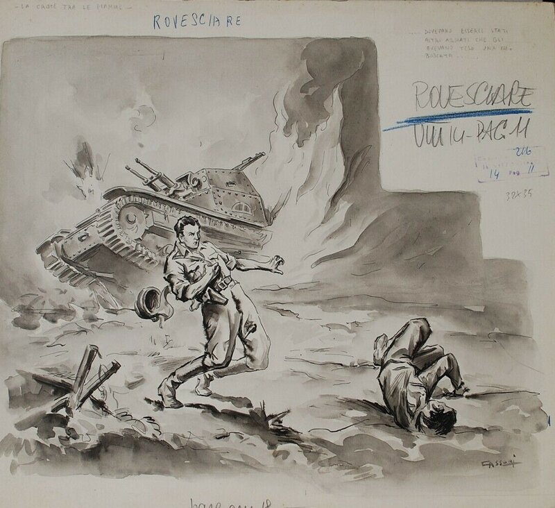 Enzo Cassoni, Tankistes italiens en difficulté pendant la Seconde Guerre mondiale. Illustration parue dans un numéro de Il Vittorioso - Illustration originale