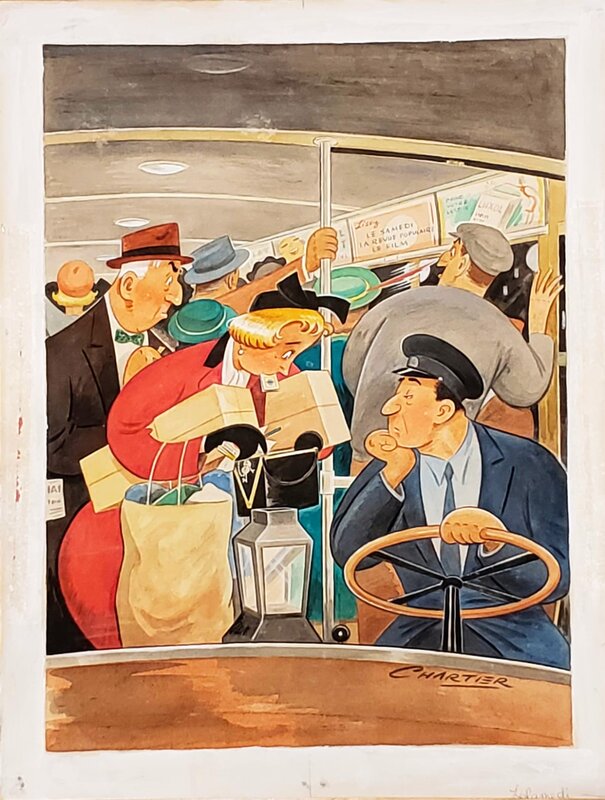 Albert Chartier, Autobus à l'heure de pointe - Original Illustration