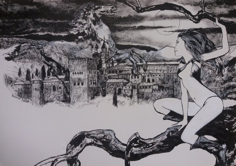 Edmond Baudoin, Vampirella looking at the Alhambra - Original Illustration