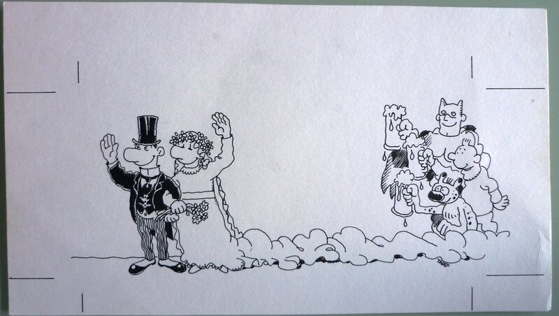 Jacques Tardi, Couple de marié salués par Tintin, Le Marsupilami, Batman. - Illustration originale