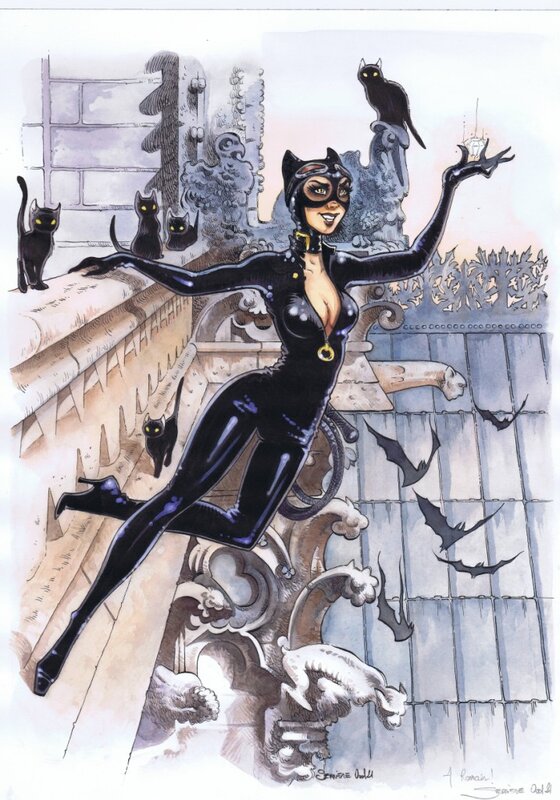Ood Serrière, Catwoman et les gargouilles - Couleur - Illustration originale