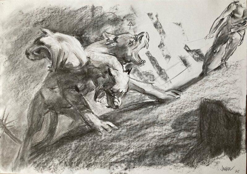 Benoît Springer, Esquisse pour une illustration sur la Mythologie le chien Cerbère - Œuvre originale