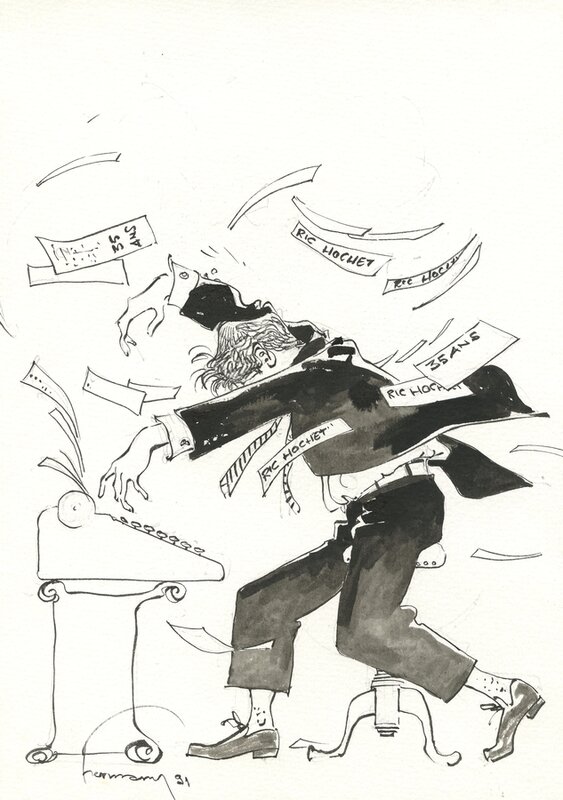 Hermann : dessin Hommage 35 ans de Ric Hochet réalisé pour André-Paul Duchâteau - Original Illustration