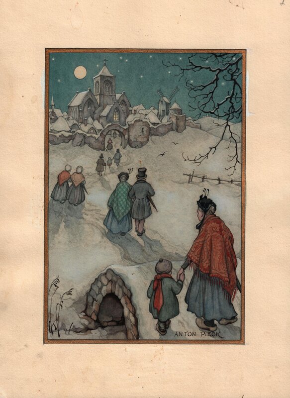 Anton Pieck, Watercolor for a Christmas-card - Illustration originale