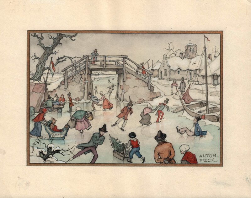 Anton Pieck, Watercolor for a Christmas-card - Illustration originale