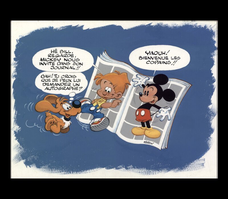 En vente - Laurent Verron, Quand Mickey accueille Boule et Bill - Illustration originale