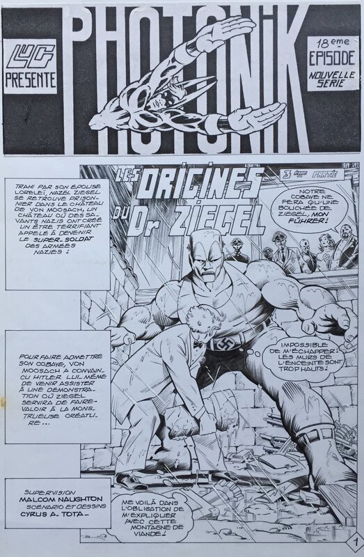 Ciro Tota, Maurice Chevalier, Tota, Photonik#35, Les origines du Dr Ziegle, La révolte des damnés, partie 3, planche n°1, Spidey#40, 1983. - Planche originale
