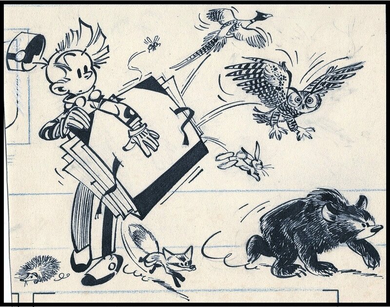 1959 - Bandeau-titre du journal de Spirou - Mille merveilles de la nature dans le carton à dessins de Hausman - by André Franquin - Illustration