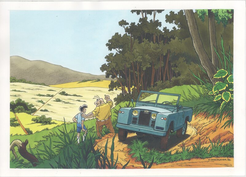 Daniël Desorgher, Jimmy Tousseul et Schatzy dans la savane avec la Land Rover - Original Illustration
