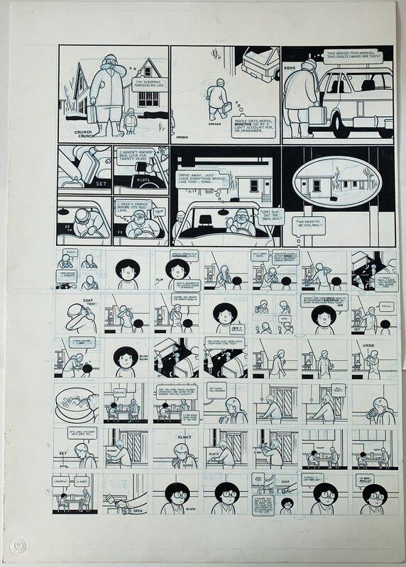 Chris Ware - Rusty Brown - Woody Brown in garage; Alice White footnotes - Planche originale