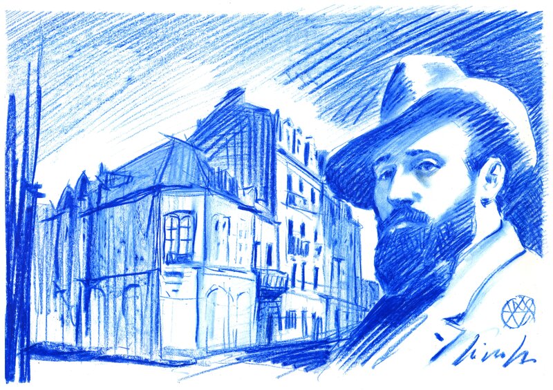 En vente - Virginio Vona, Albert Londres et sa maison natale - Illustration originale