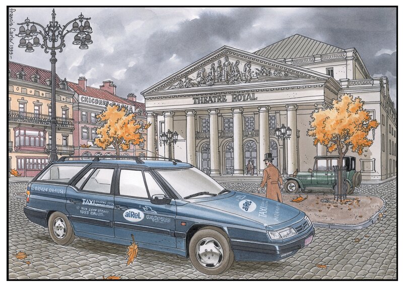 Francis Carin, Break devant la Monnaie à Bruxelles - Illustration originale